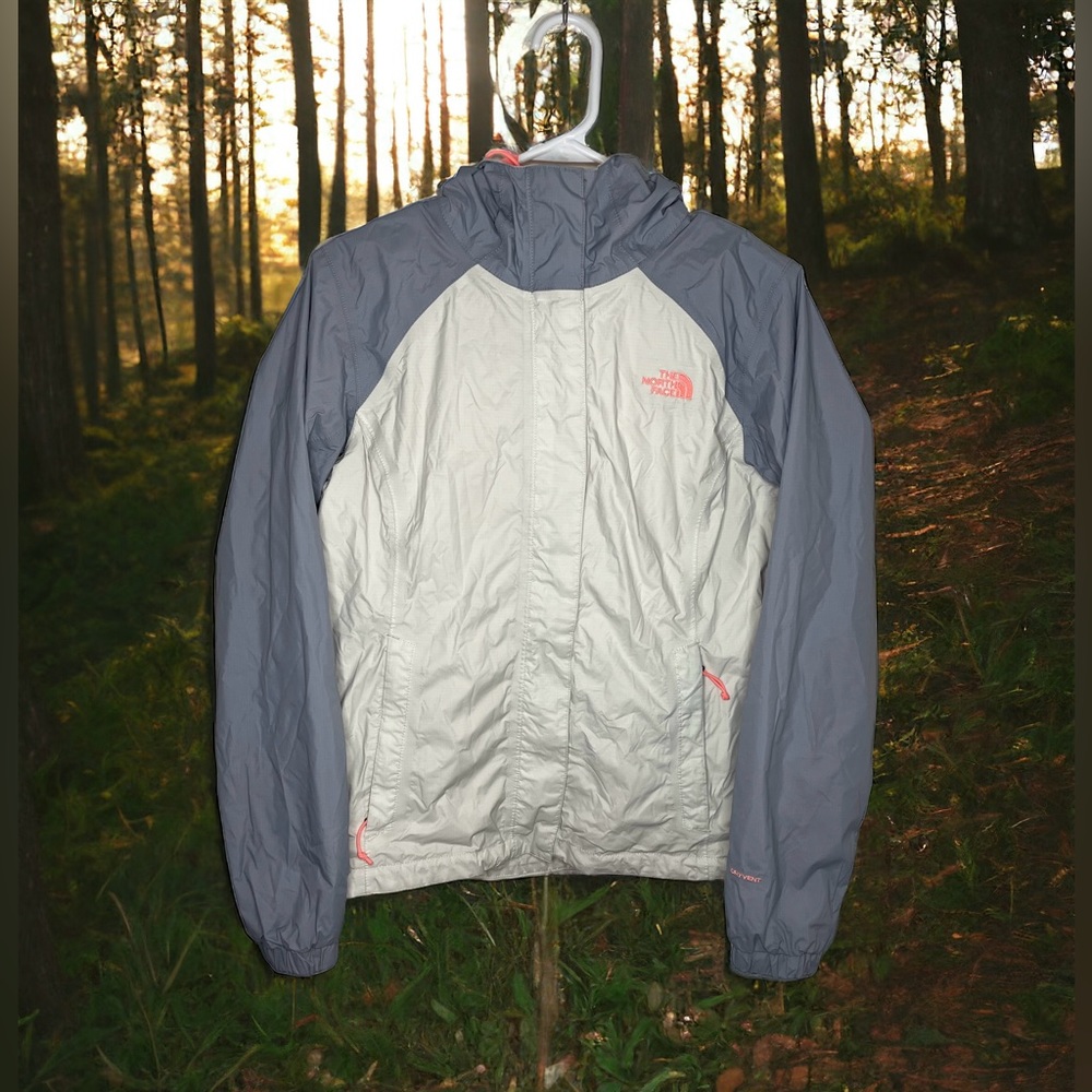 The North Face Womens Small Full Zip Hooded Rain Dryvent Jacket White Blue Gray